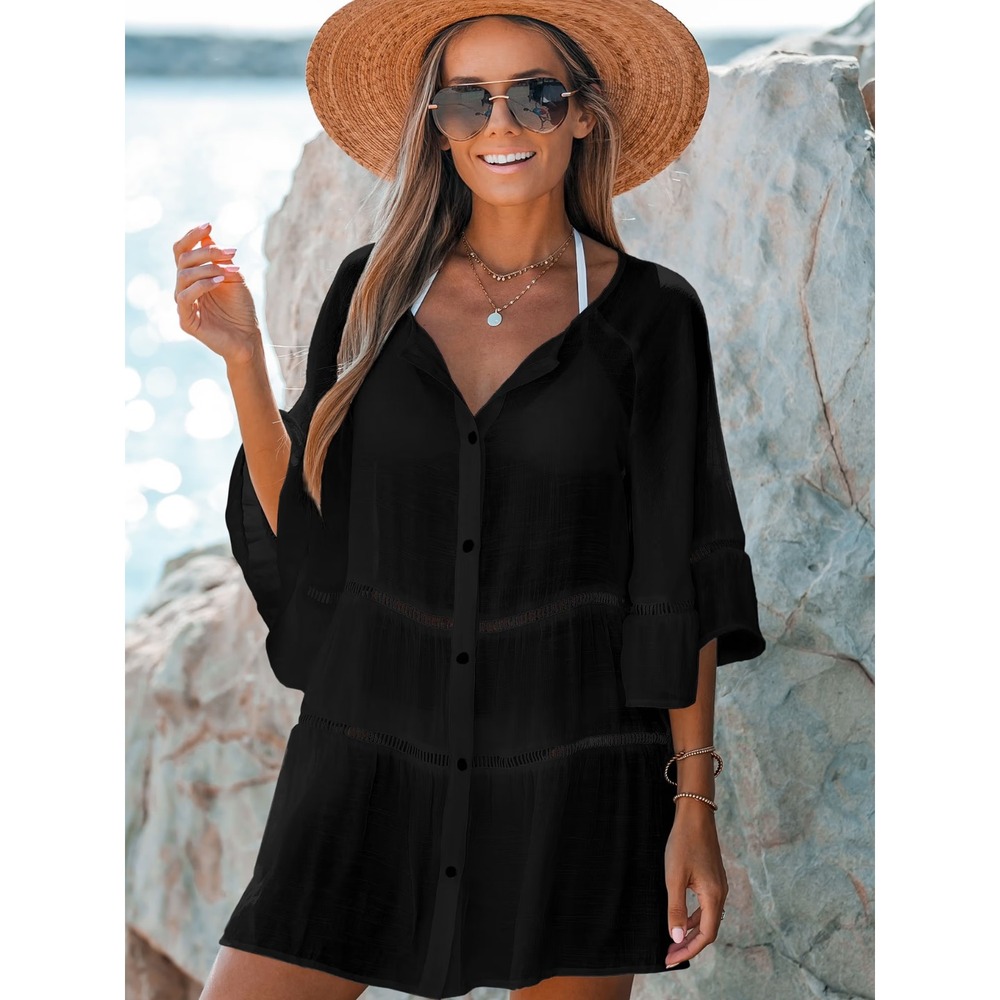 Cupshe NWT Dress Elbow Sleeve Tiered Ladder Trim Button Cover Up Black - Size M